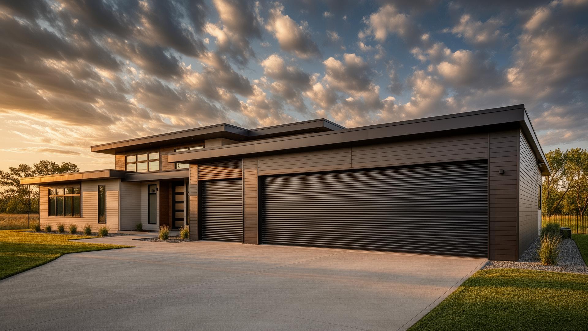 Modern prairie style home with industrial ribbed steel garage doors in Wilmington NC
